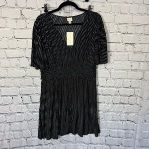 a new day NWT Black White Polka Dot Dress Short Sleeve A-Line V-Neck Size Large